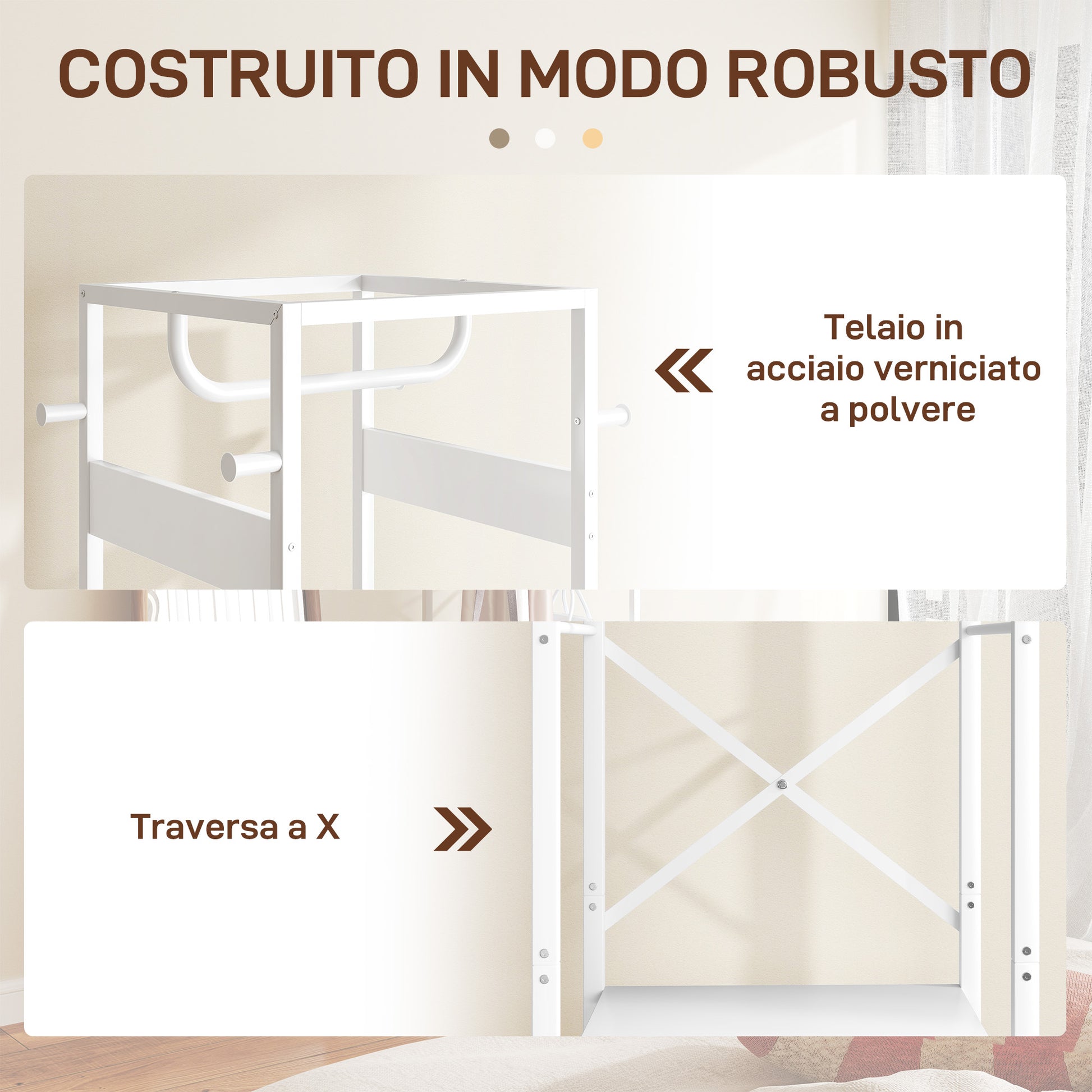 Floor Coat Rack with Pole and 3 Open Shelves, Coat Rack in MDF and Steel for Entryway and Bedroom, 38.5x30x170 cm, White