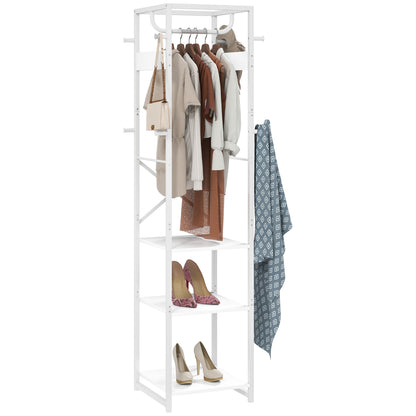 Floor Coat Rack with Pole and 3 Open Shelves, Coat Rack in MDF and Steel for Entryway and Bedroom, 38.5x30x170 cm, White