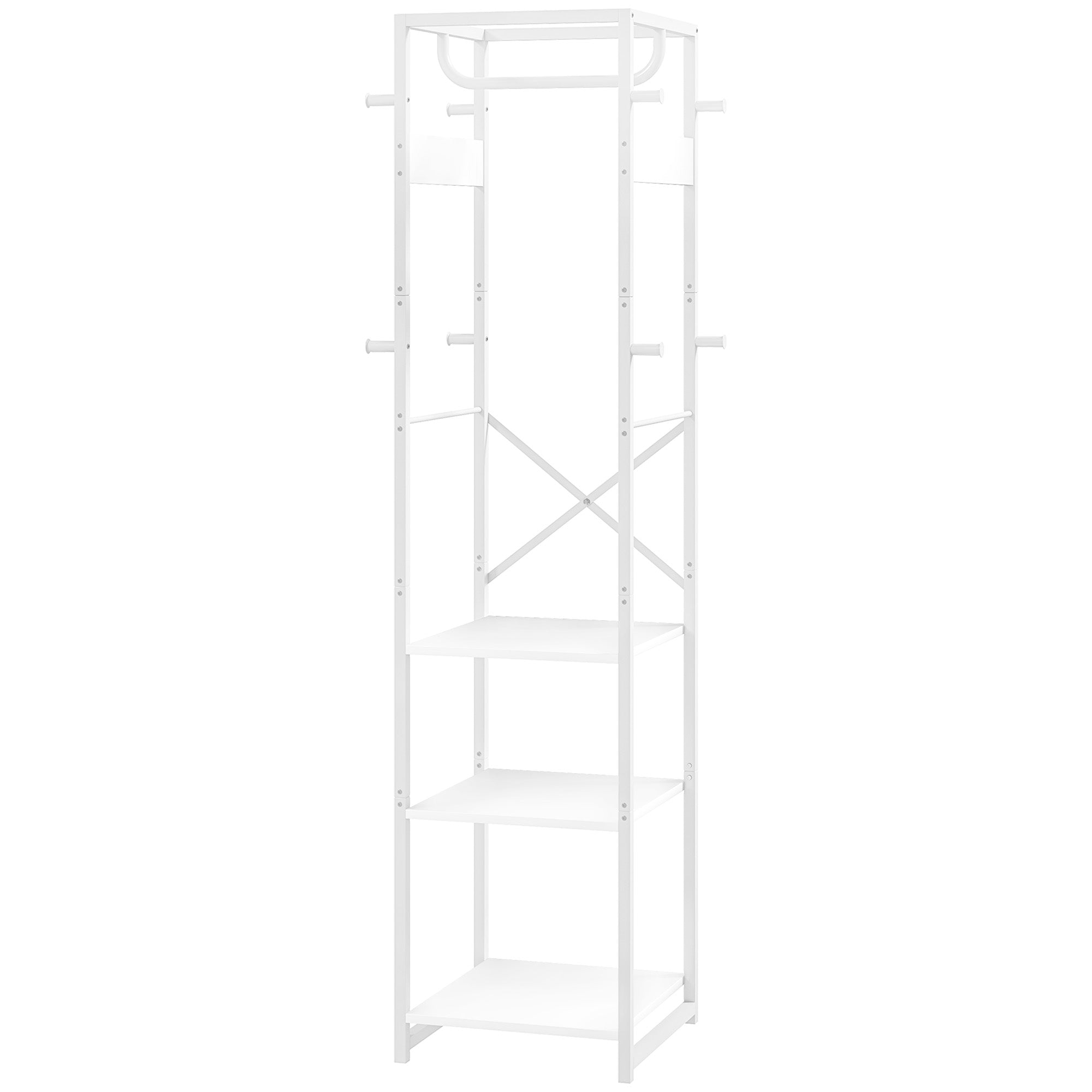Floor Coat Rack with Pole and 3 Open Shelves, Coat Rack in MDF and Steel for Entryway and Bedroom, 38.5x30x170 cm, White
