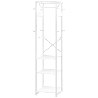 Floor Coat Rack with Pole and 3 Open Shelves, Coat Rack in MDF and Steel for Entryway and Bedroom, 38.5x30x170 cm, White