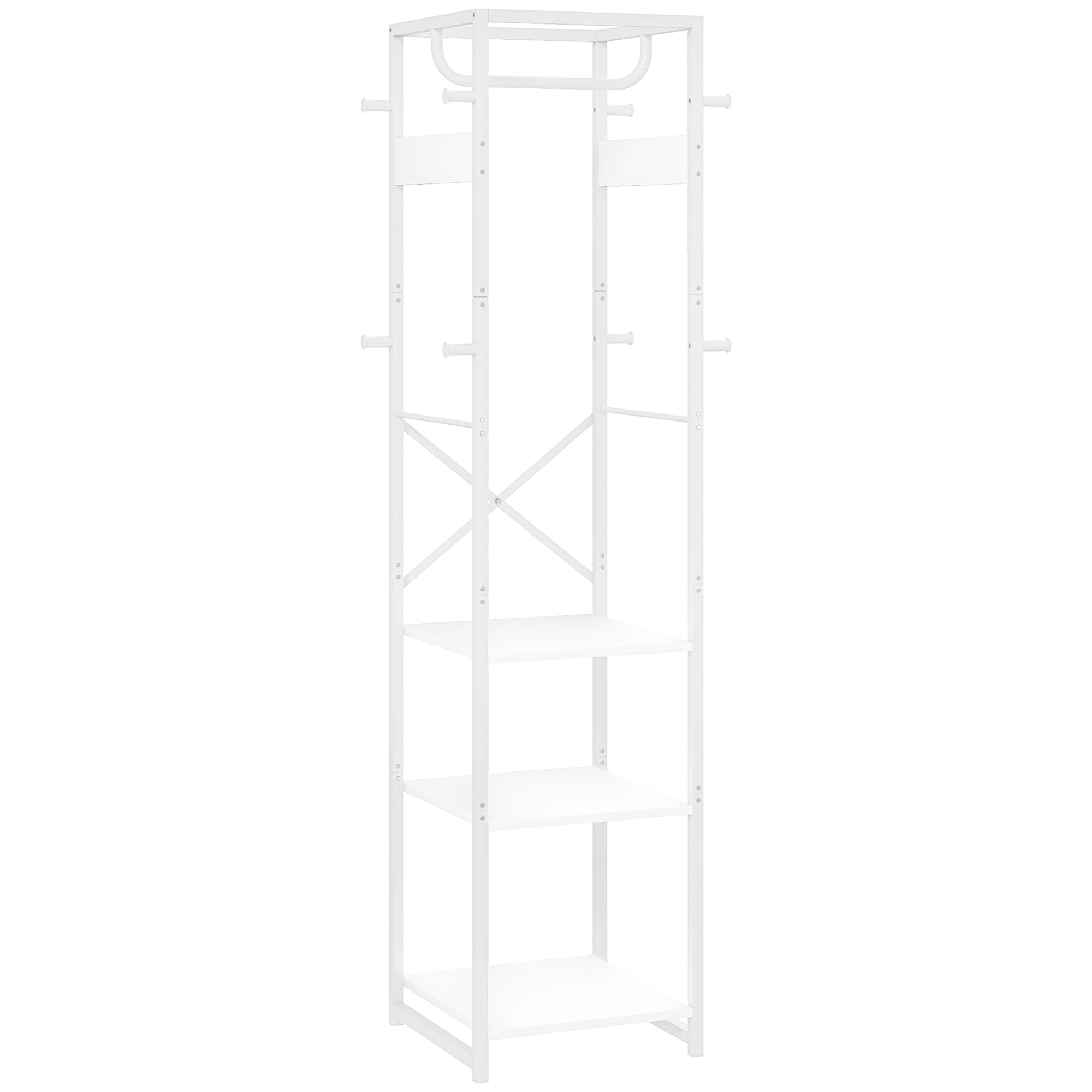 Floor Coat Rack with Pole and 3 Open Shelves, Coat Rack in MDF and Steel for Entryway and Bedroom, 38.5x30x170 cm, White