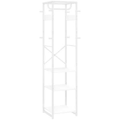 Floor Coat Rack with Pole and 3 Open Shelves, Coat Rack in MDF and Steel for Entryway and Bedroom, 38.5x30x170 cm, White