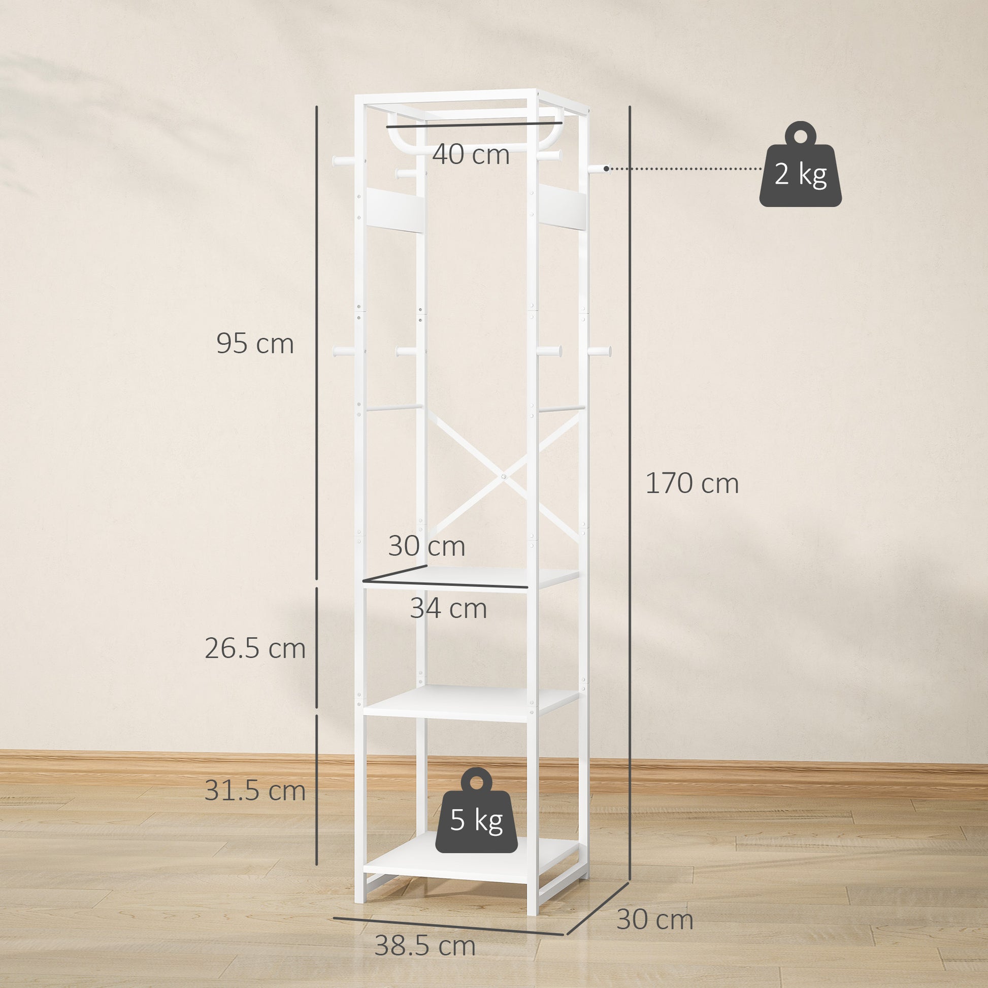 Floor Coat Rack with Pole and 3 Open Shelves, Coat Rack in MDF and Steel for Entryway and Bedroom, 38.5x30x170 cm, White