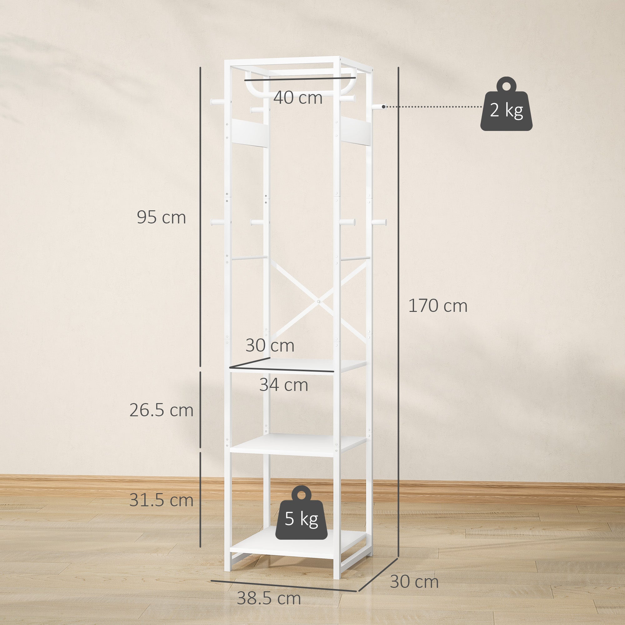 Floor Coat Rack with Pole and 3 Open Shelves, Coat Rack in MDF and Steel for Entryway and Bedroom, 38.5x30x170 cm, White