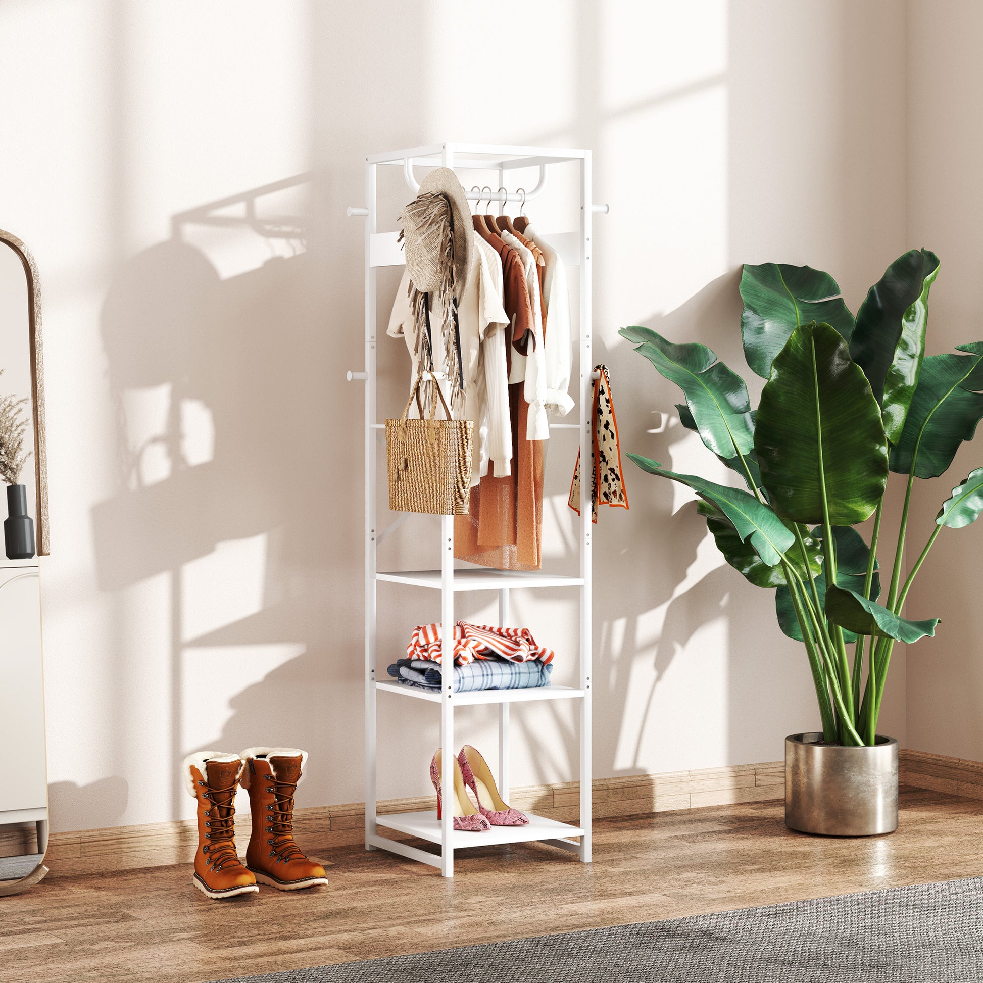 Floor Coat Rack with Pole and 3 Open Shelves, Coat Rack in MDF and Steel for Entryway and Bedroom, 38.5x30x170 cm, White
