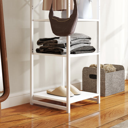 Floor Coat Rack with Pole and 3 Open Shelves, Coat Rack in MDF and Steel for Entryway and Bedroom, 38.5x30x170 cm, White