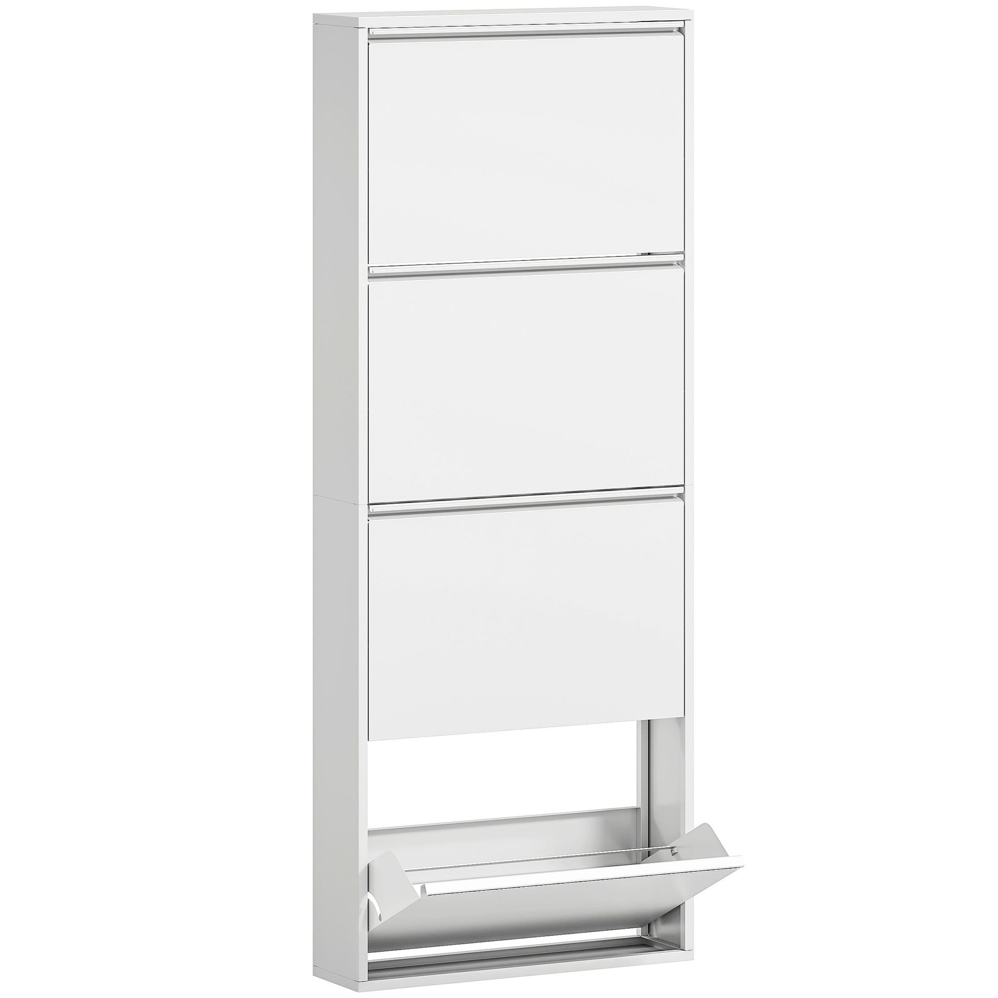 Shoe Cabinet Metal with 4 Flaps Shoe Tilt Out Narrow Shoe Chest Shoe Rack Shoe Shelf Wall Mount for 8 Pairs of Shoes 55 x 15 x 139.5 cm White