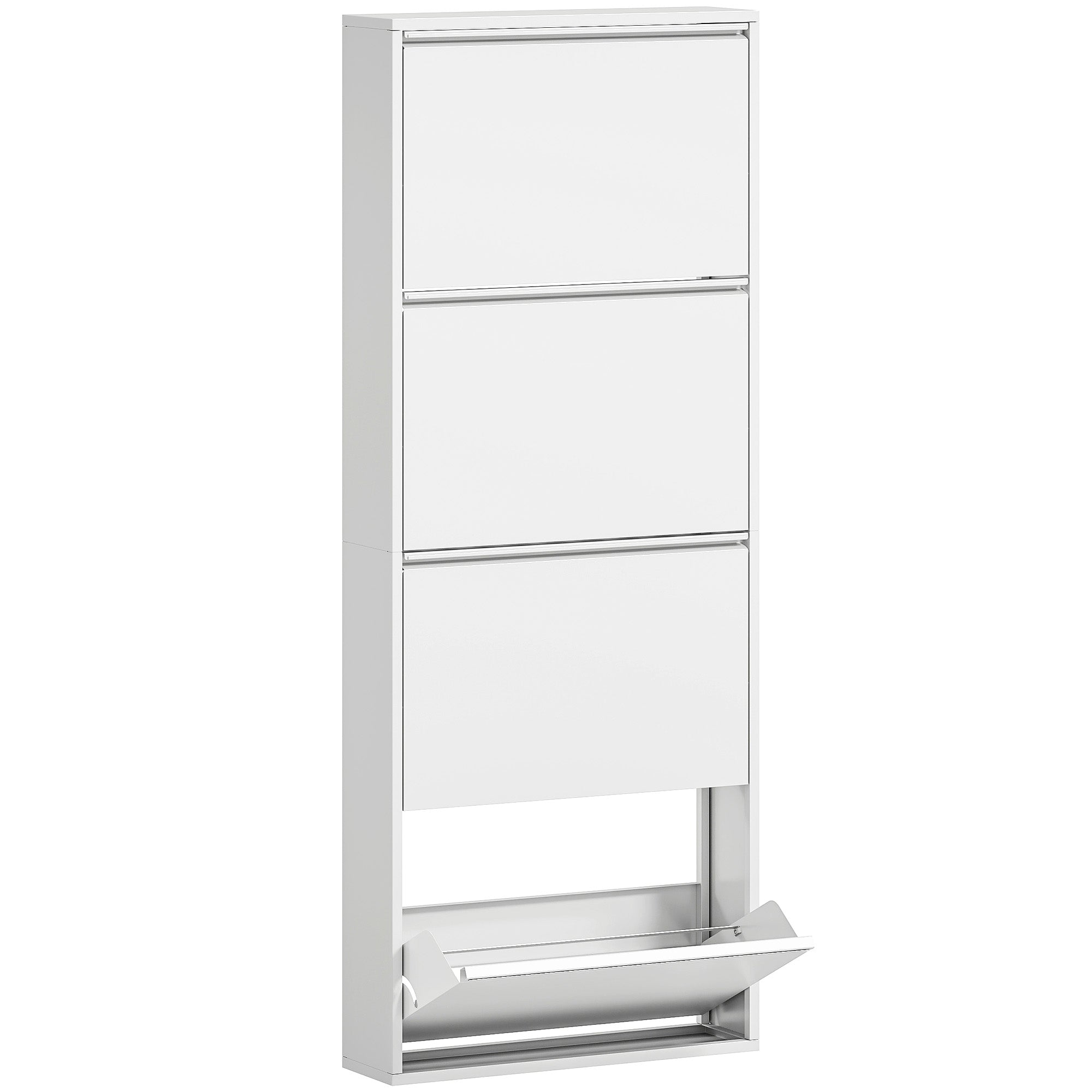 Shoe Cabinet Metal with 4 Flaps Shoe Tilt Out Narrow Shoe Chest Shoe Rack Shoe Shelf Wall Mount for 8 Pairs of Shoes 55 x 15 x 139.5 cm White