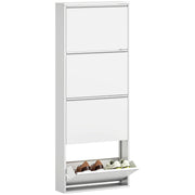 Shoe Cabinet Metal with 4 Flaps Shoe Tilt Out Narrow Shoe Chest Shoe Rack Shoe Shelf Wall Mount for 8 Pairs of Shoes 55 x 15 x 139.5 cm White