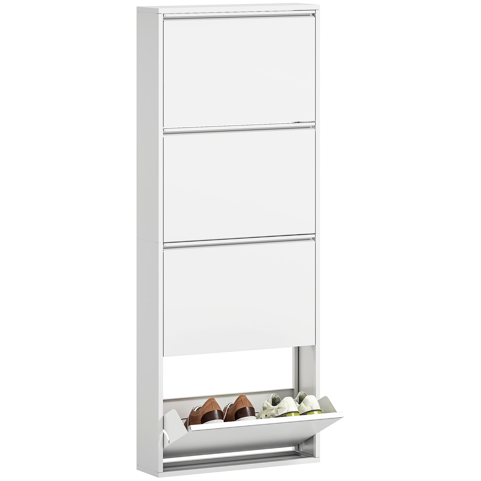 Shoe Cabinet Metal with 4 Flaps Shoe Tilt Out Narrow Shoe Chest Shoe Rack Shoe Shelf Wall Mount for 8 Pairs of Shoes 55 x 15 x 139.5 cm White