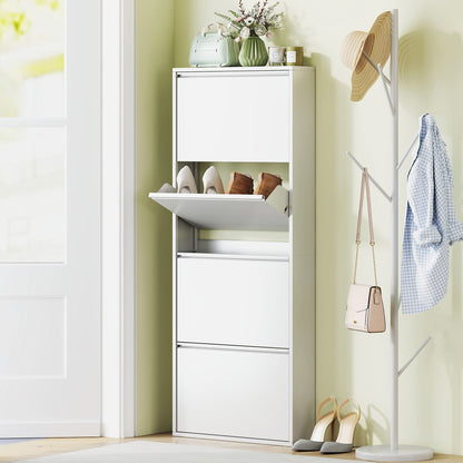 Shoe Cabinet Metal with 4 Flaps Shoe Tilt Out Narrow Shoe Chest Shoe Rack Shoe Shelf Wall Mount for 8 Pairs of Shoes 55 x 15 x 139.5 cm White
