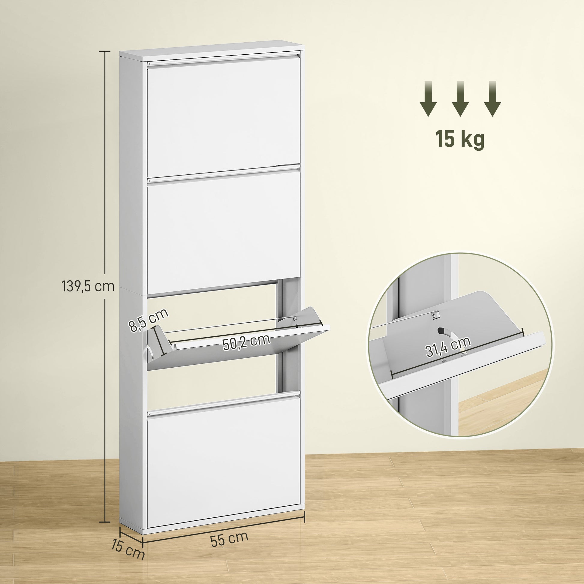 Shoe Cabinet Metal with 4 Flaps Shoe Tilt Out Narrow Shoe Chest Shoe Rack Shoe Shelf Wall Mount for 8 Pairs of Shoes 55 x 15 x 139.5 cm White