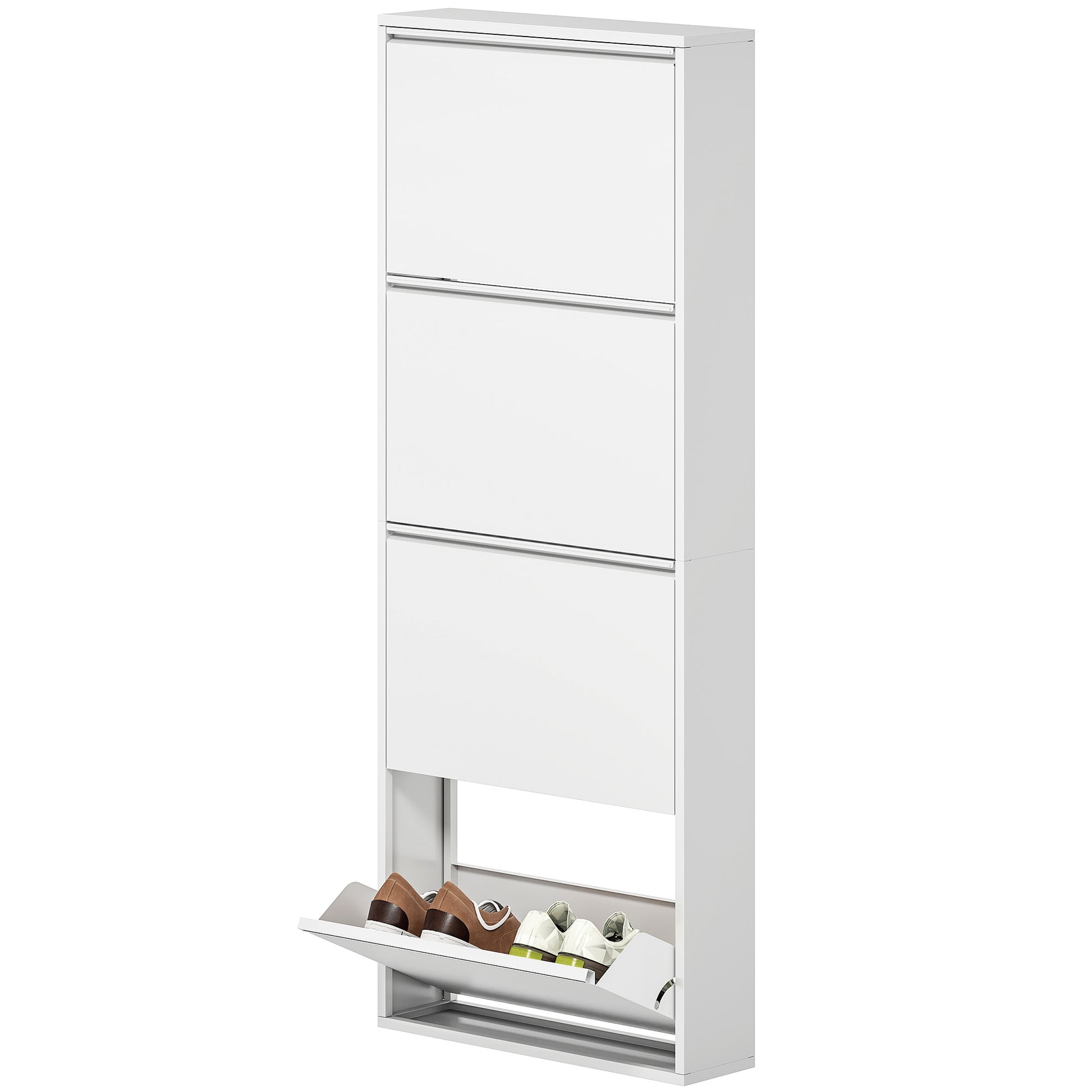 Shoe Cabinet Metal with 4 Flaps Shoe Tilt Out Narrow Shoe Chest Shoe Rack Shoe Shelf Wall Mount for 8 Pairs of Shoes 55 x 15 x 139.5 cm White