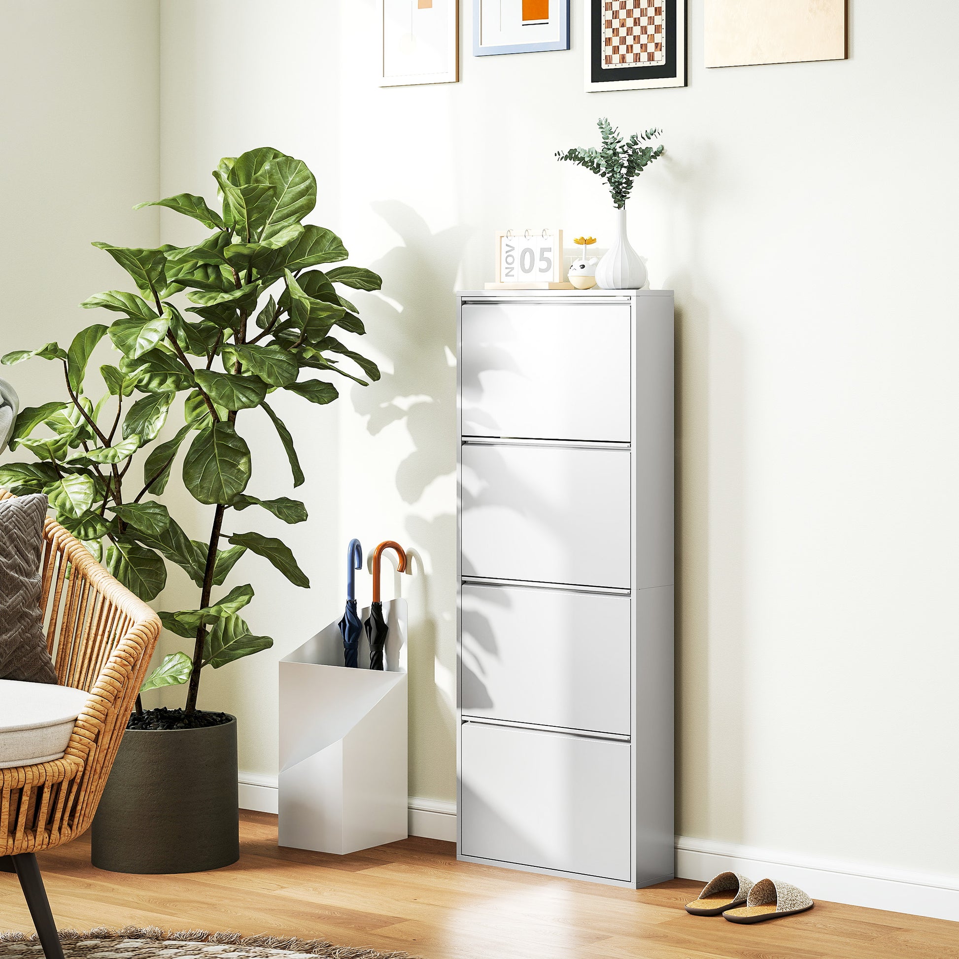 Shoe Cabinet Metal with 4 Flaps Shoe Tilt Out Narrow Shoe Chest Shoe Rack Shoe Shelf Wall Mount for 8 Pairs of Shoes 55 x 15 x 139.5 cm White