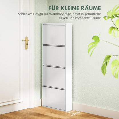 Shoe Cabinet Metal with 4 Flaps Shoe Tilt Out Narrow Shoe Chest Shoe Rack Shoe Shelf Wall Mount for 8 Pairs of Shoes 55 x 15 x 139.5 cm White