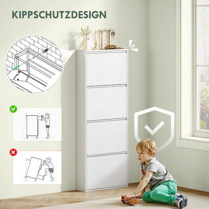 Shoe Cabinet Metal with 4 Flaps Shoe Tilt Out Narrow Shoe Chest Shoe Rack Shoe Shelf Wall Mount for 8 Pairs of Shoes 55 x 15 x 139.5 cm White