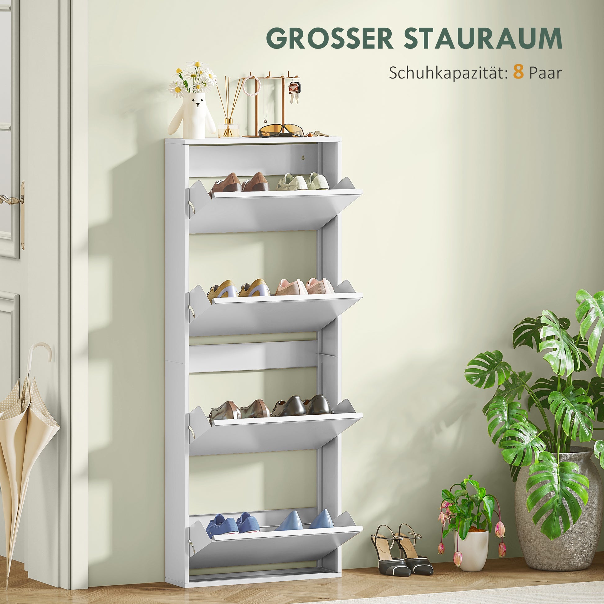Shoe Cabinet Metal with 4 Flaps Shoe Tilt Out Narrow Shoe Chest Shoe Rack Shoe Shelf Wall Mount for 8 Pairs of Shoes 55 x 15 x 139.5 cm White