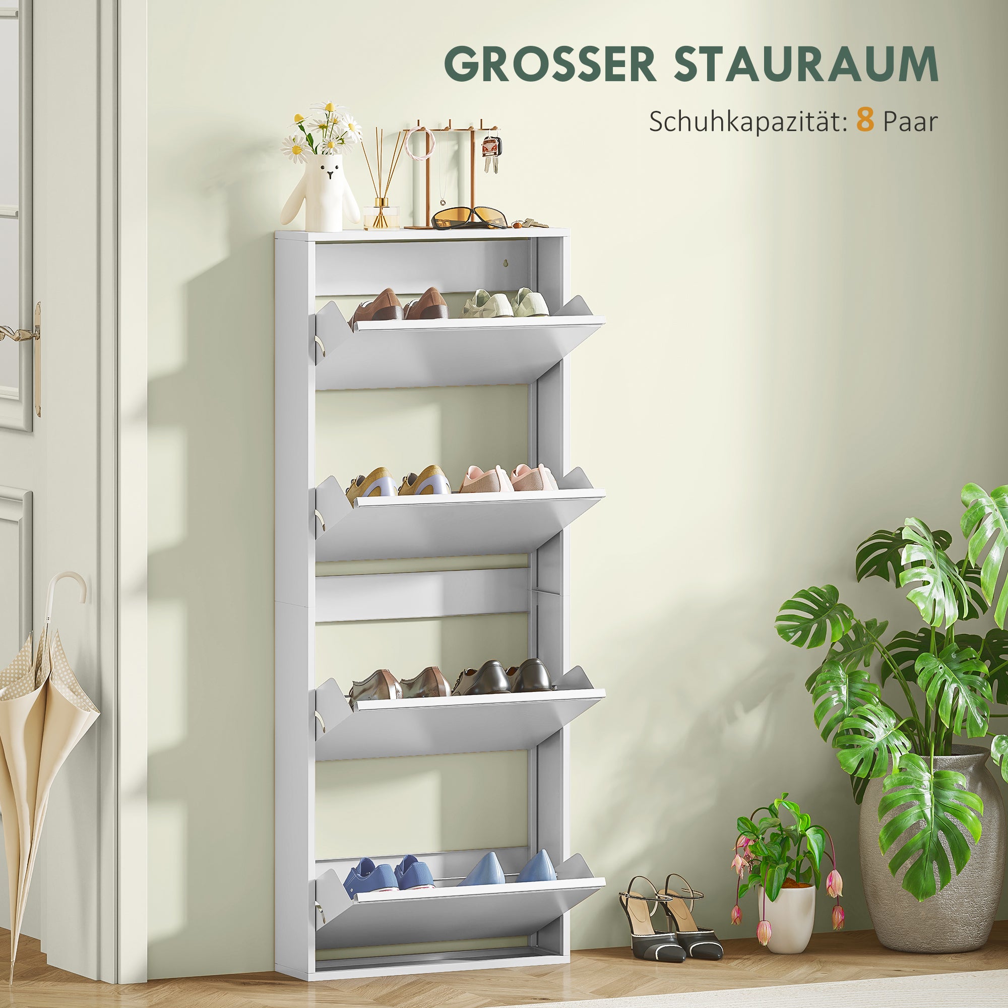 Shoe Cabinet Metal with 4 Flaps Shoe Tilt Out Narrow Shoe Chest Shoe Rack Shoe Shelf Wall Mount for 8 Pairs of Shoes 55 x 15 x 139.5 cm White