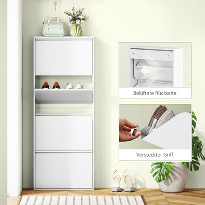 Shoe Cabinet Metal with 4 Flaps Shoe Tilt Out Narrow Shoe Chest Shoe Rack Shoe Shelf Wall Mount for 8 Pairs of Shoes 55 x 15 x 139.5 cm White