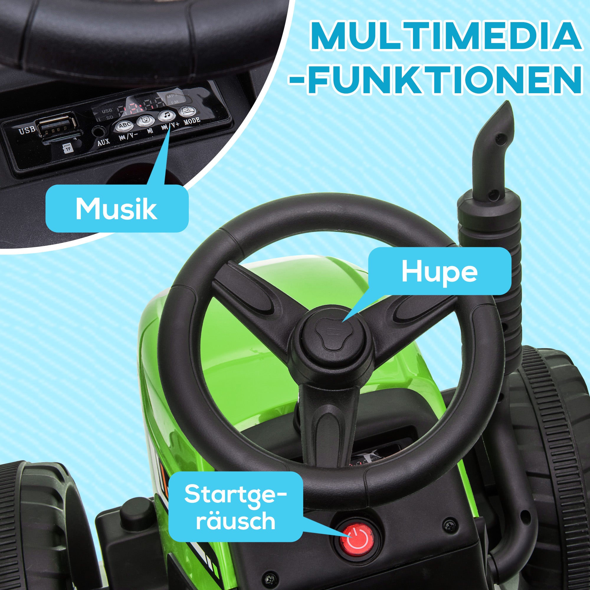 Electric Tractor with Trailer, Kids Ride-On Tractor with Remote Control, Kids Electric Car with MP3 Function, Children's Vehicle with Headlights, 3-6KM/H, for 3-6 Years, Green