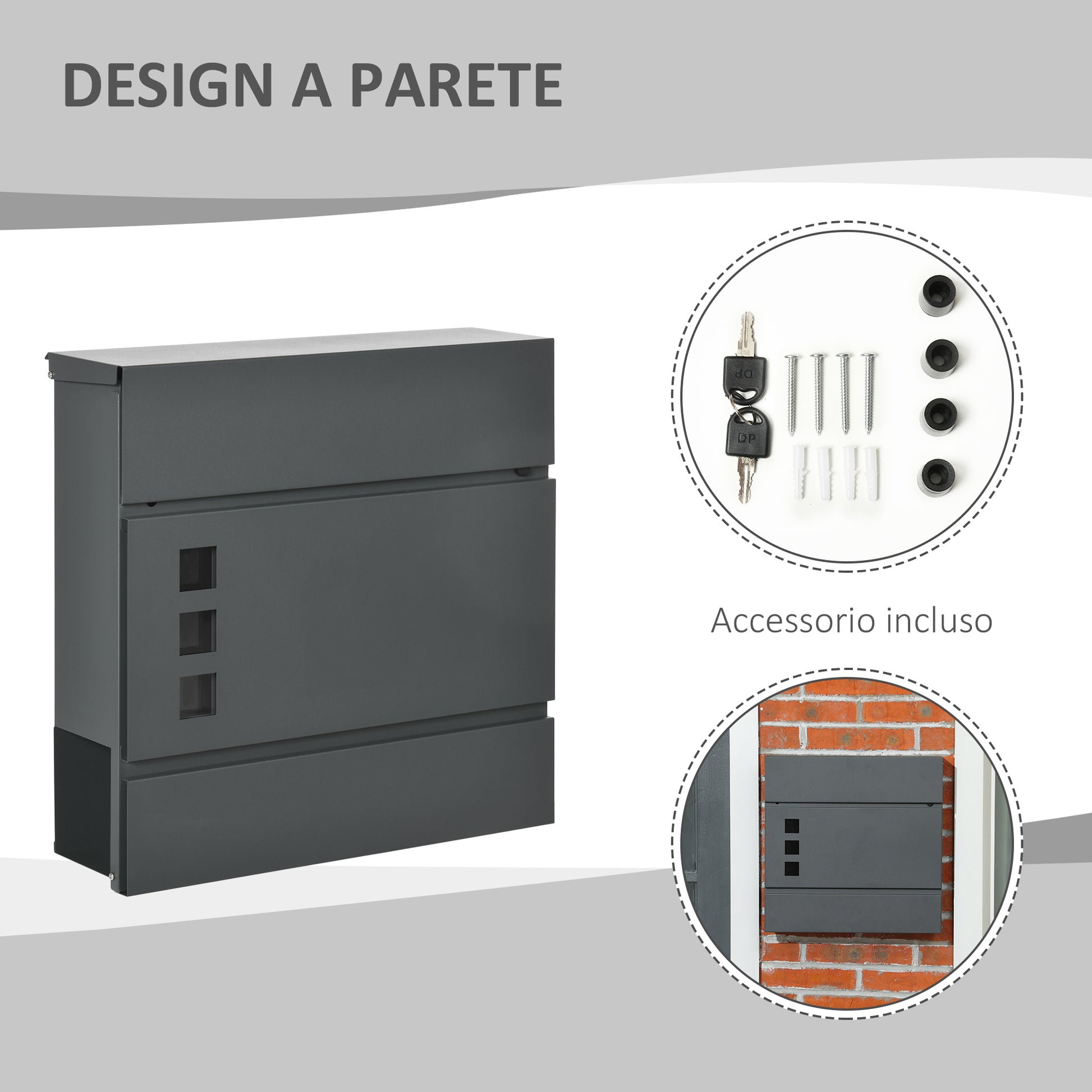 Galvanized Steel Mailbox with 3 Slots and 2 Security Keys Included, 37x10.5x37 cm, Dark Grey