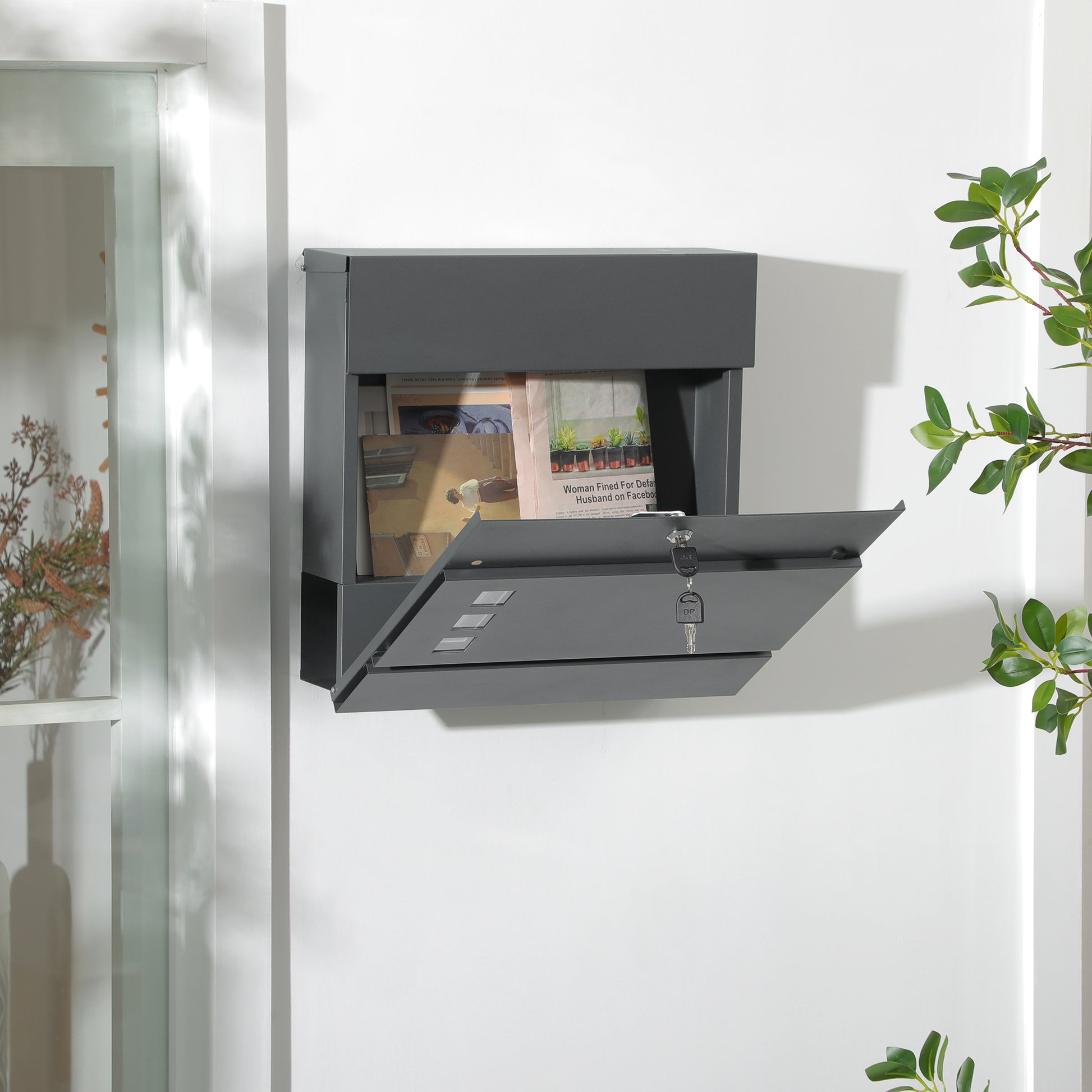 Galvanized Steel Mailbox with 3 Slots and 2 Security Keys Included, 37x10.5x37 cm, Dark Grey