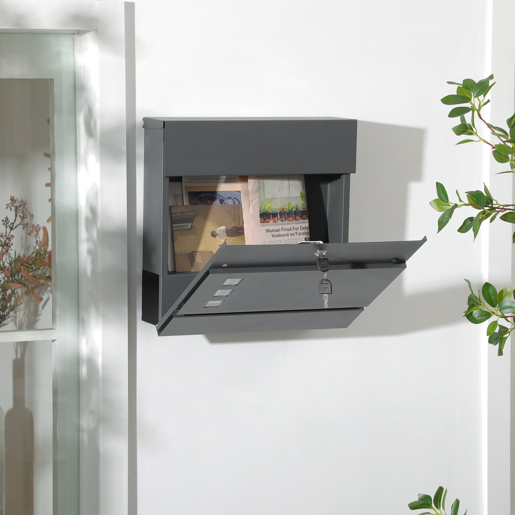 Galvanized Steel Mailbox with 3 Slots and 2 Security Keys Included, 37x10.5x37 cm, Dark Grey