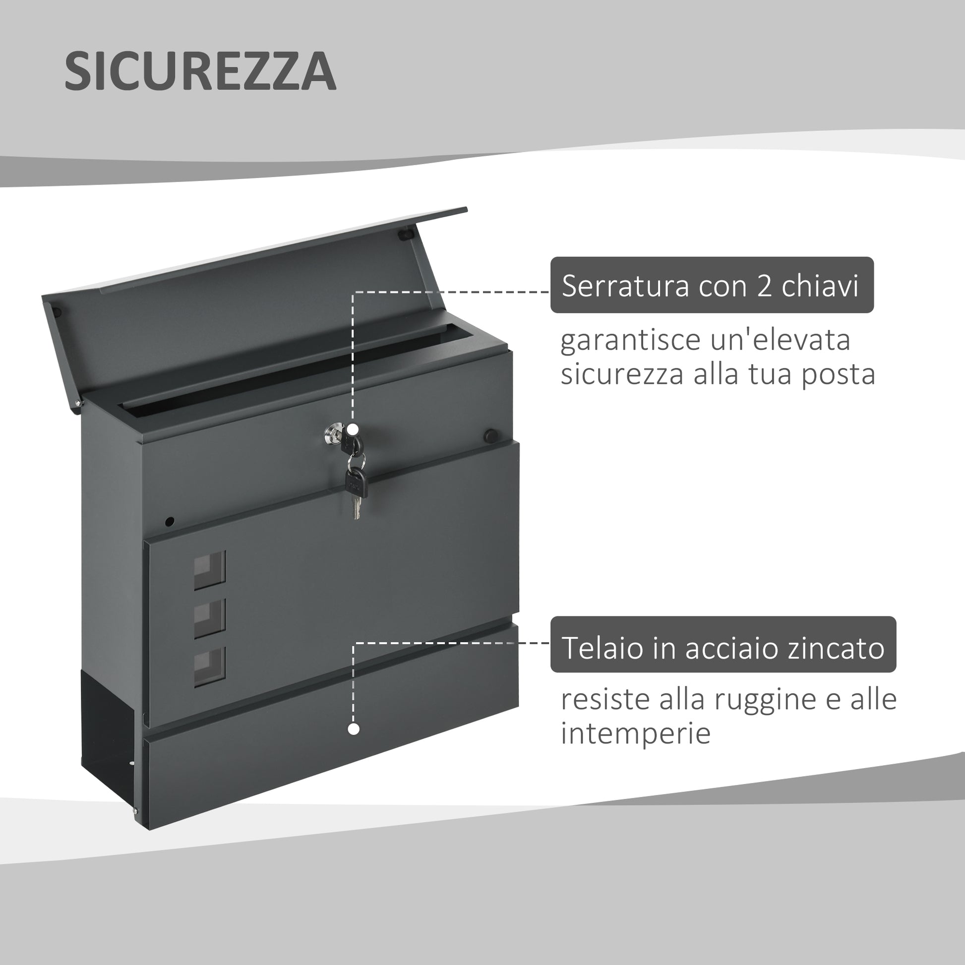 Galvanized Steel Mailbox with 3 Slots and 2 Security Keys Included, 37x10.5x37 cm, Dark Grey
