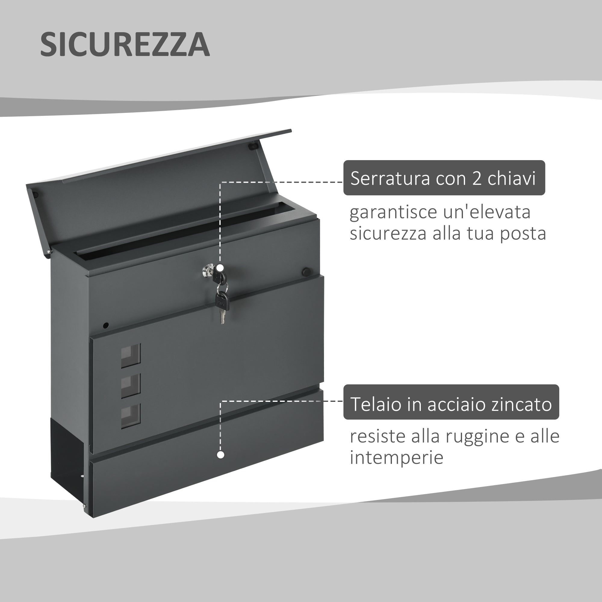 Galvanized Steel Mailbox with 3 Slots and 2 Security Keys Included, 37x10.5x37 cm, Dark Grey