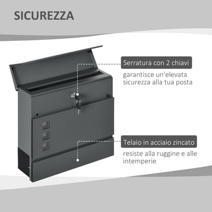 Galvanized Steel Mailbox with 3 Slots and 2 Security Keys Included, 37x10.5x37 cm, Dark Grey