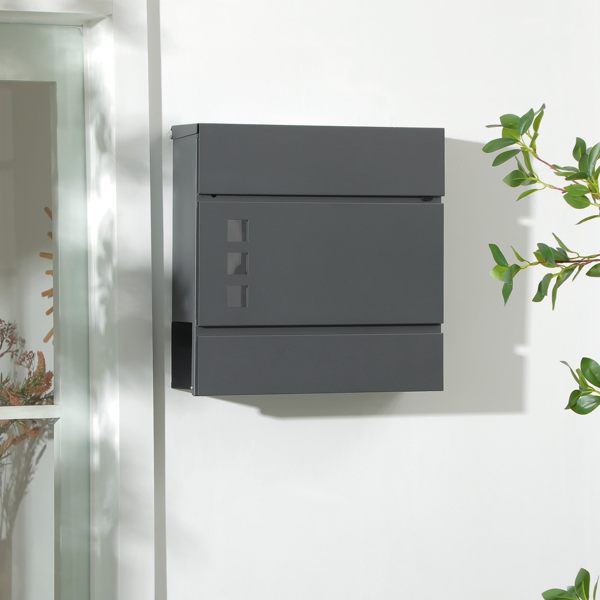 Galvanized Steel Mailbox with 3 Slots and 2 Security Keys Included, 37x10.5x37 cm, Dark Grey
