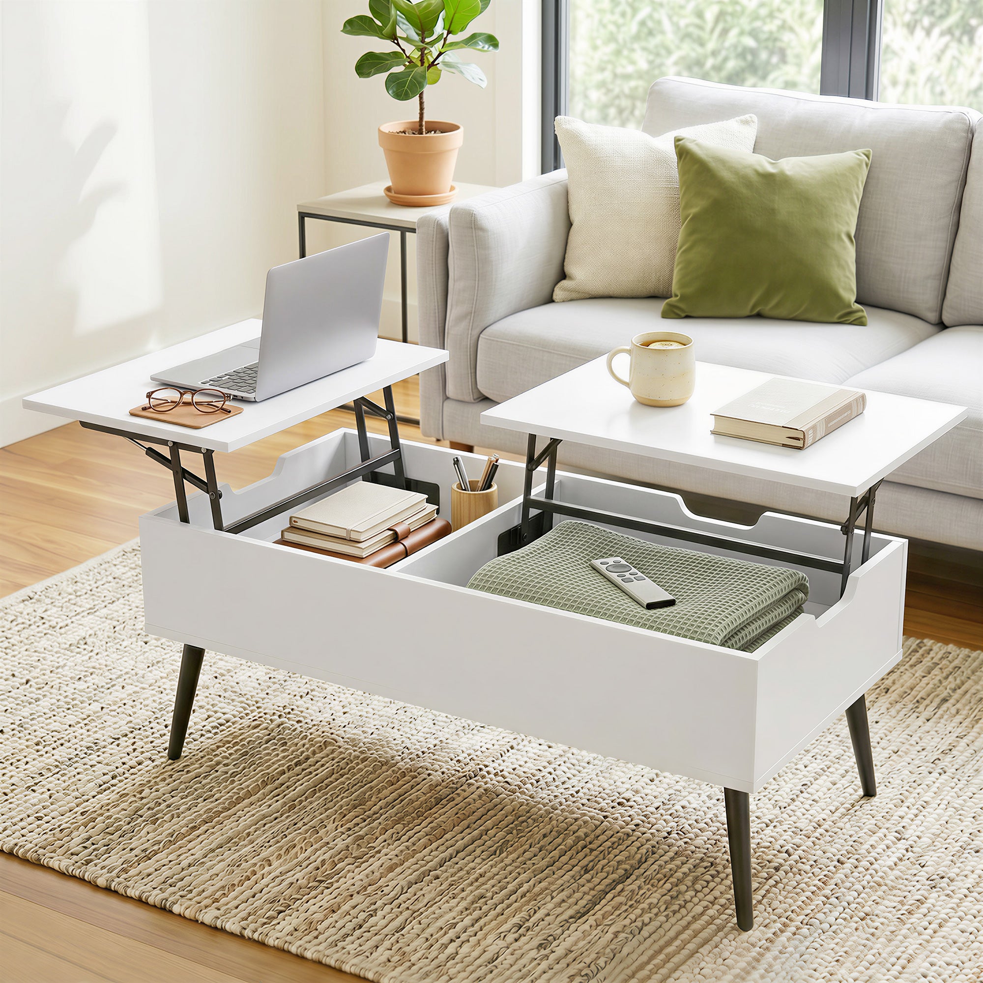 Lift-Top Coffee Table with Dual Tops & Hidden Compartment, Modern Metal-Leg Living Room Table for Home & Office — 39.4 x 19.7 x 17.2–22.8 in (100 x 50 x 43.6–58 cm), White