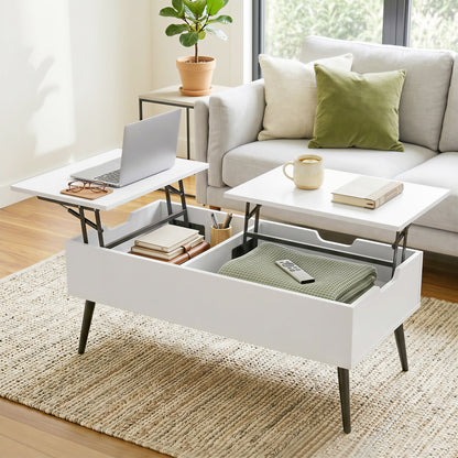 Lift-Top Coffee Table with Dual Tops & Hidden Compartment, Modern Metal-Leg Living Room Table for Home & Office — 39.4 x 19.7 x 17.2–22.8 in (100 x 50 x 43.6–58 cm), White