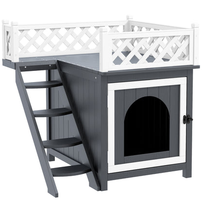 Cat House, 2-Story Outdoor Cat Condo with Balcony, Stairs, for Indoor and Outdoor Use, Solid Wood, 67.5 x 63 x 68.5 cm, Gray