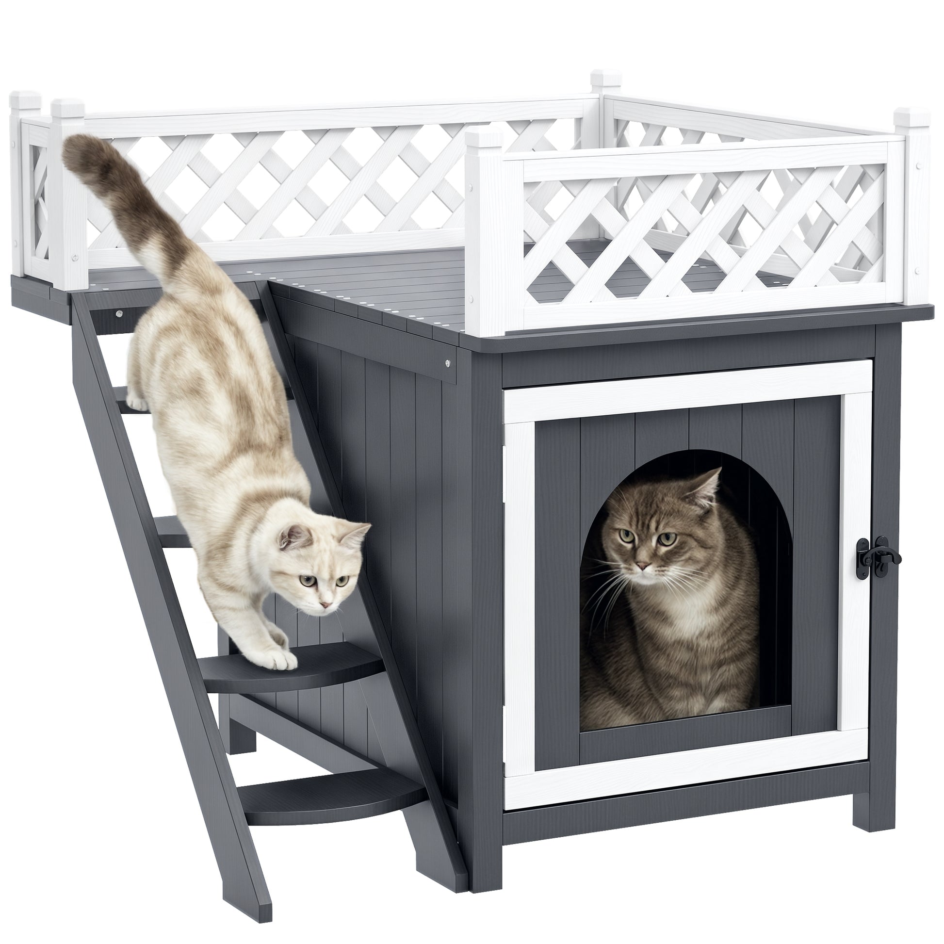 Cat House, 2-Story Outdoor Cat Condo with Balcony, Stairs, for Indoor and Outdoor Use, Solid Wood, 67.5 x 63 x 68.5 cm, Gray