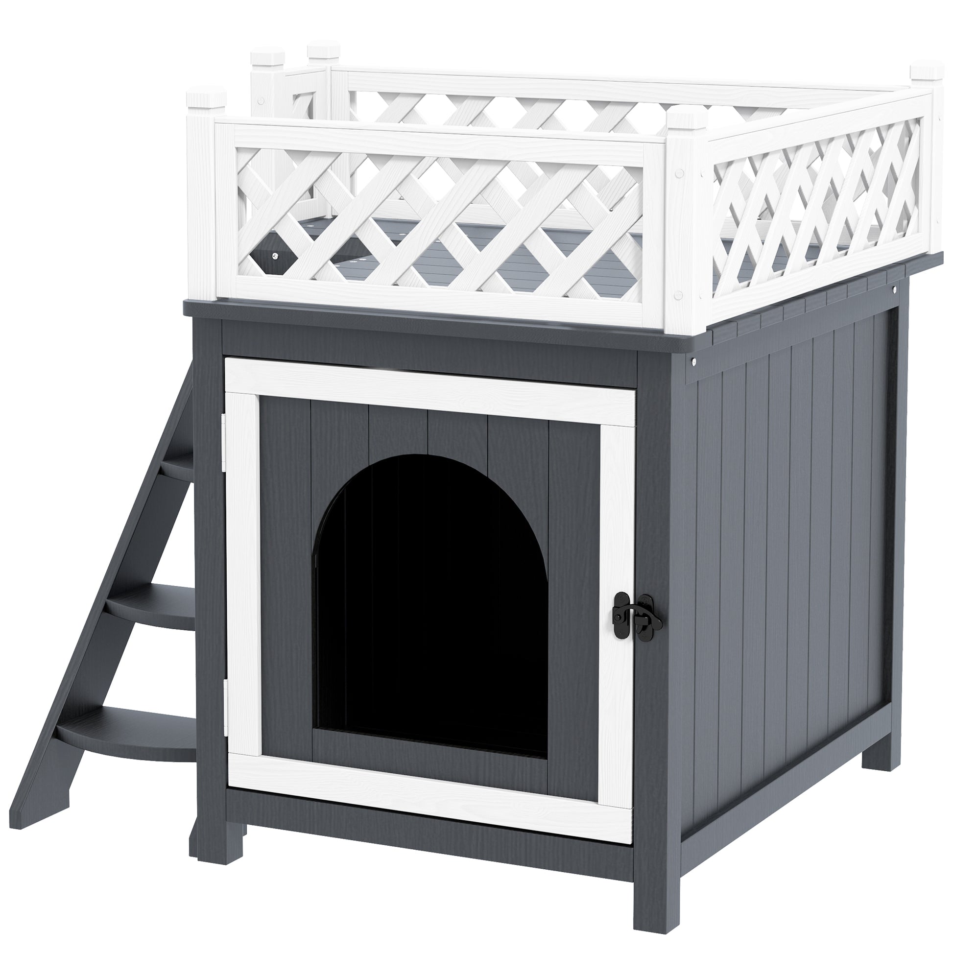 Cat House, 2-Story Outdoor Cat Condo with Balcony, Stairs, for Indoor and Outdoor Use, Solid Wood, 67.5 x 63 x 68.5 cm, Gray