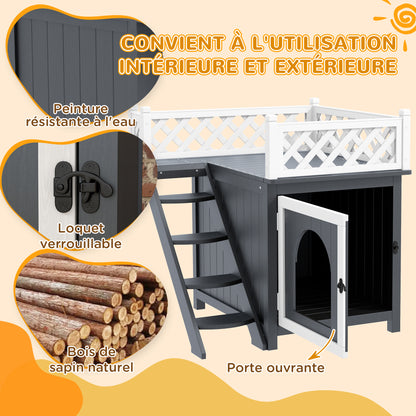 Cat House, 2-Story Outdoor Cat Condo with Balcony, Stairs, for Indoor and Outdoor Use, Solid Wood, 67.5 x 63 x 68.5 cm, Gray