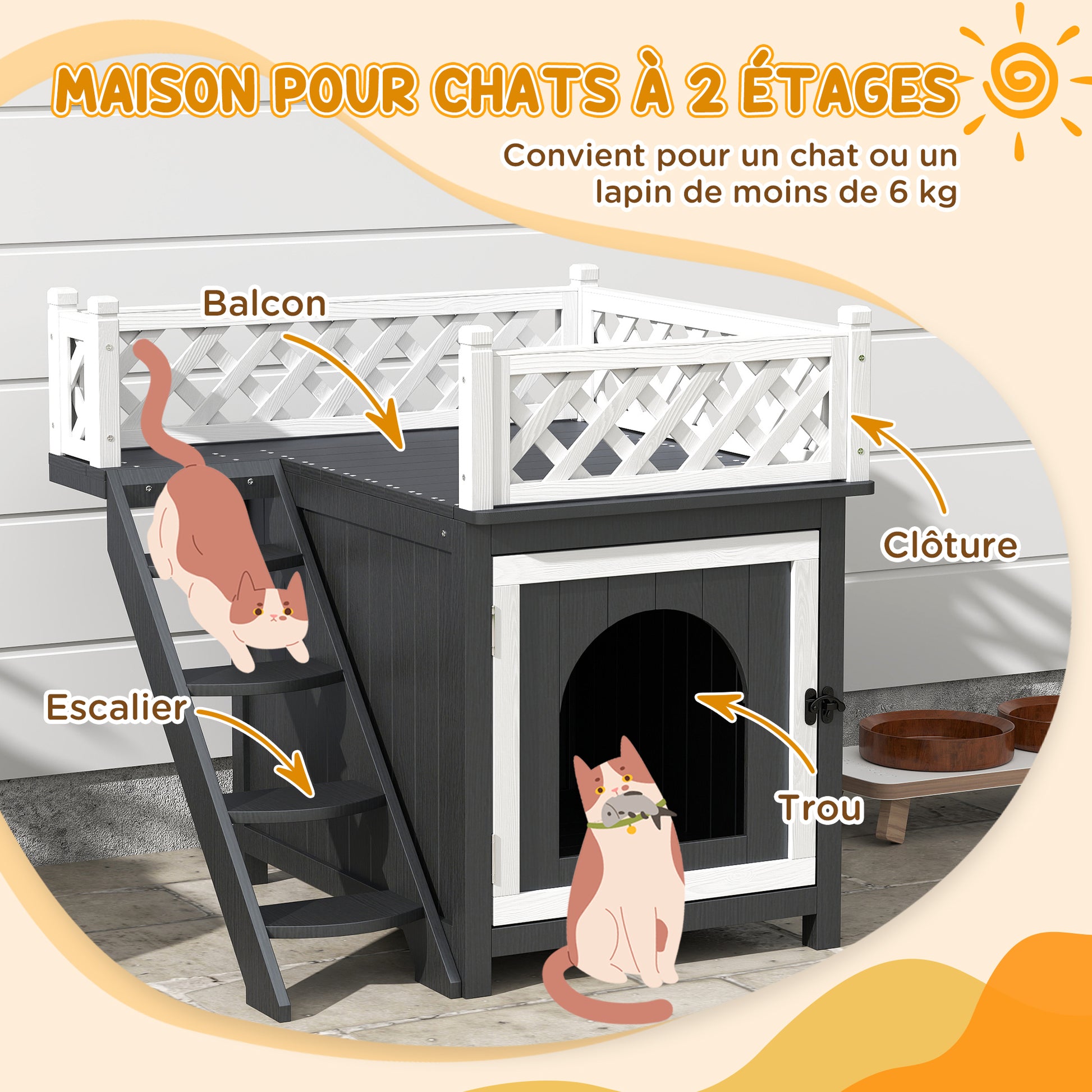 Cat House, 2-Story Outdoor Cat Condo with Balcony, Stairs, for Indoor and Outdoor Use, Solid Wood, 67.5 x 63 x 68.5 cm, Gray