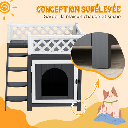 Cat House, 2-Story Outdoor Cat Condo with Balcony, Stairs, for Indoor and Outdoor Use, Solid Wood, 67.5 x 63 x 68.5 cm, Gray