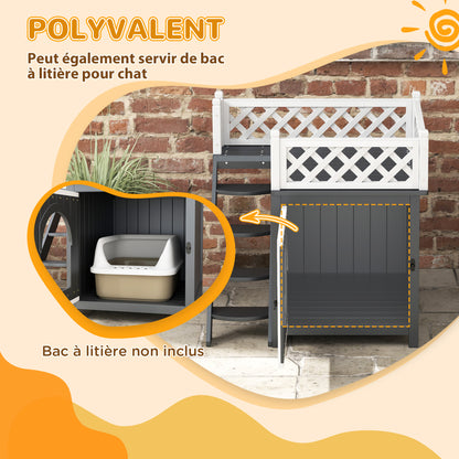 Cat House, 2-Story Outdoor Cat Condo with Balcony, Stairs, for Indoor and Outdoor Use, Solid Wood, 67.5 x 63 x 68.5 cm, Gray