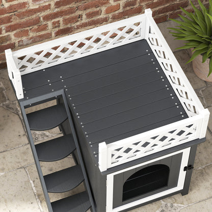 Cat House, 2-Story Outdoor Cat Condo with Balcony, Stairs, for Indoor and Outdoor Use, Solid Wood, 67.5 x 63 x 68.5 cm, Gray