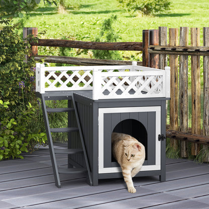 Cat House, 2-Story Outdoor Cat Condo with Balcony, Stairs, for Indoor and Outdoor Use, Solid Wood, 67.5 x 63 x 68.5 cm, Gray