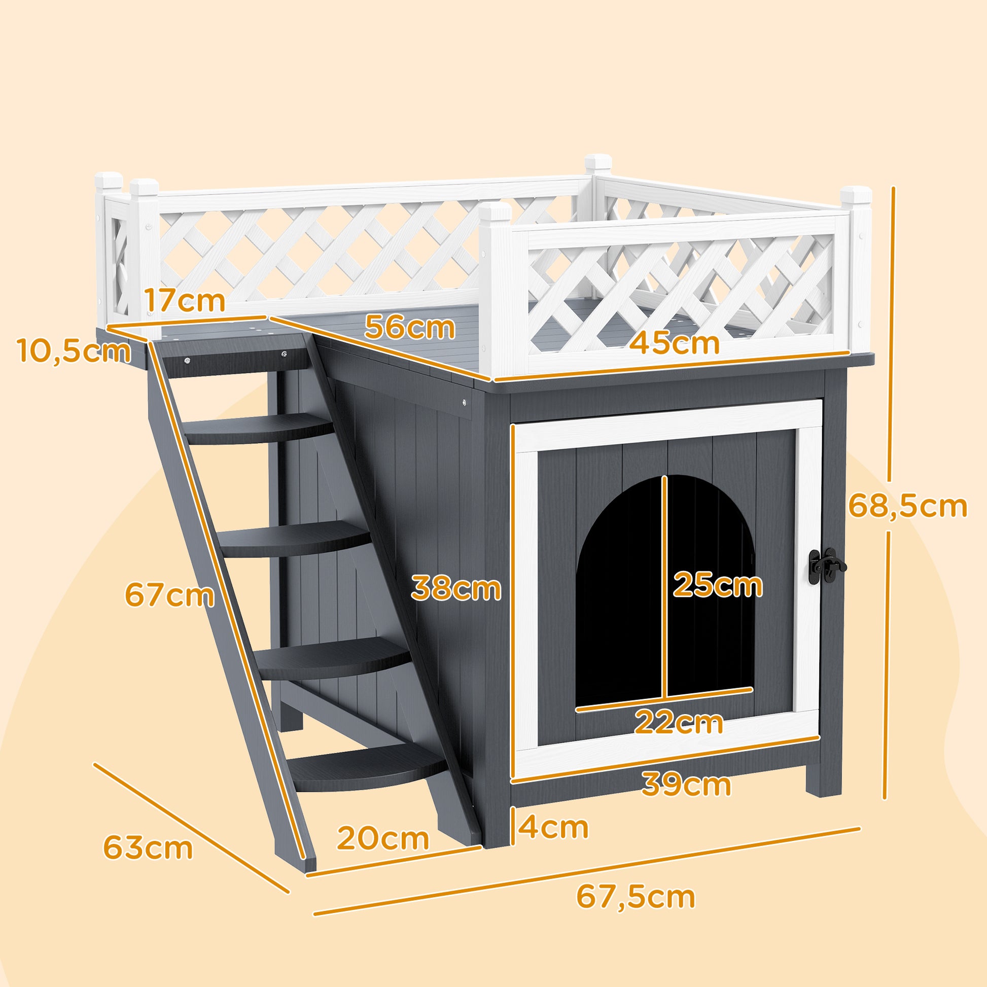 Cat House, 2-Story Outdoor Cat Condo with Balcony, Stairs, for Indoor and Outdoor Use, Solid Wood, 67.5 x 63 x 68.5 cm, Gray