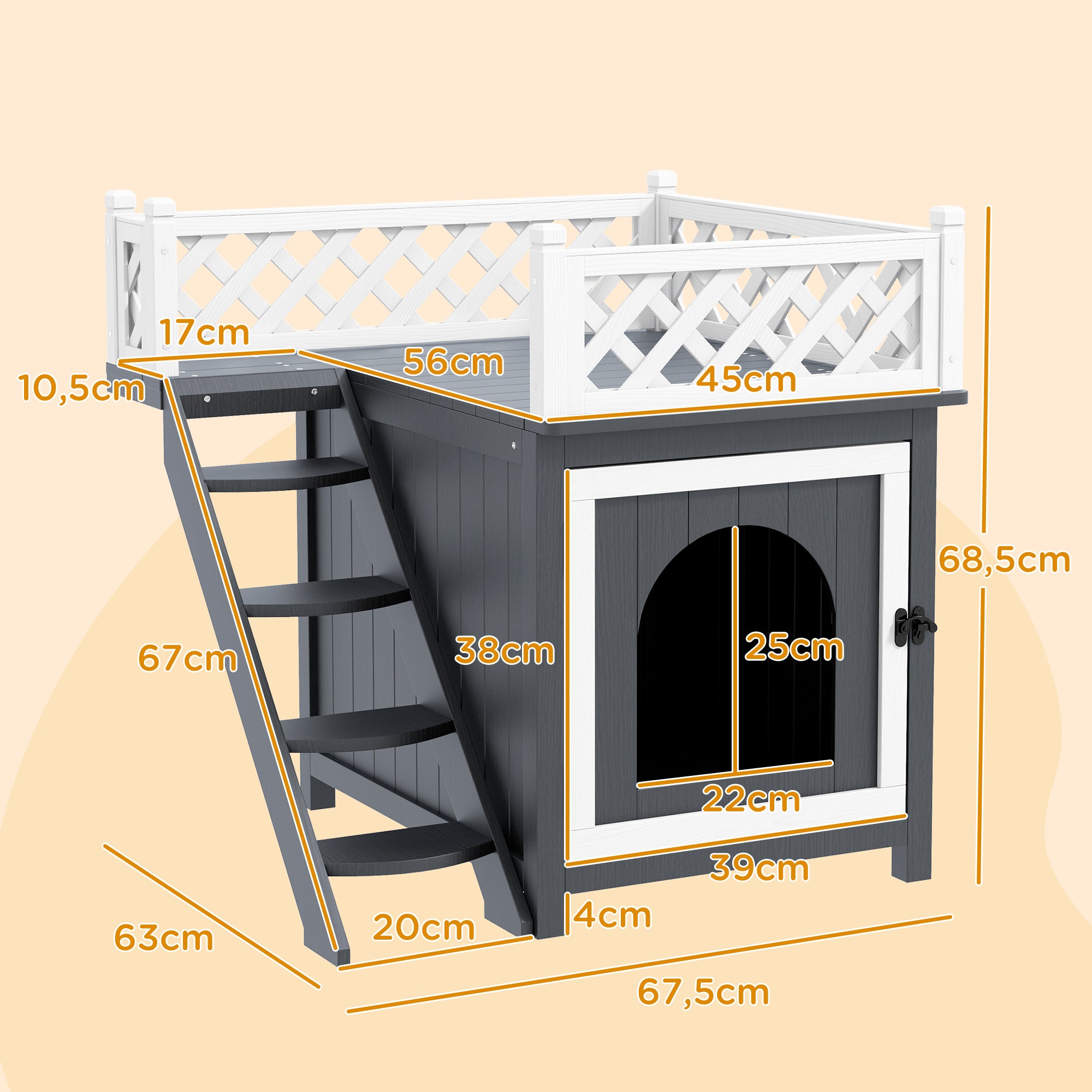 Cat House, 2-Story Outdoor Cat Condo with Balcony, Stairs, for Indoor and Outdoor Use, Solid Wood, 67.5 x 63 x 68.5 cm, Gray