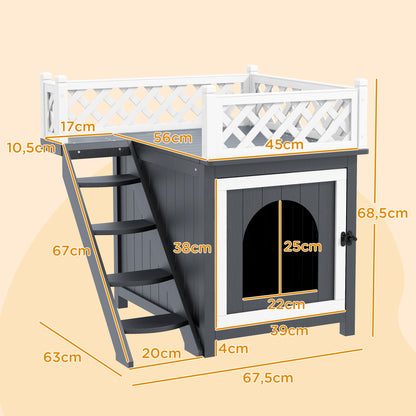 Cat House, 2-Story Outdoor Cat Condo with Balcony, Stairs, for Indoor and Outdoor Use, Solid Wood, 67.5 x 63 x 68.5 cm, Gray