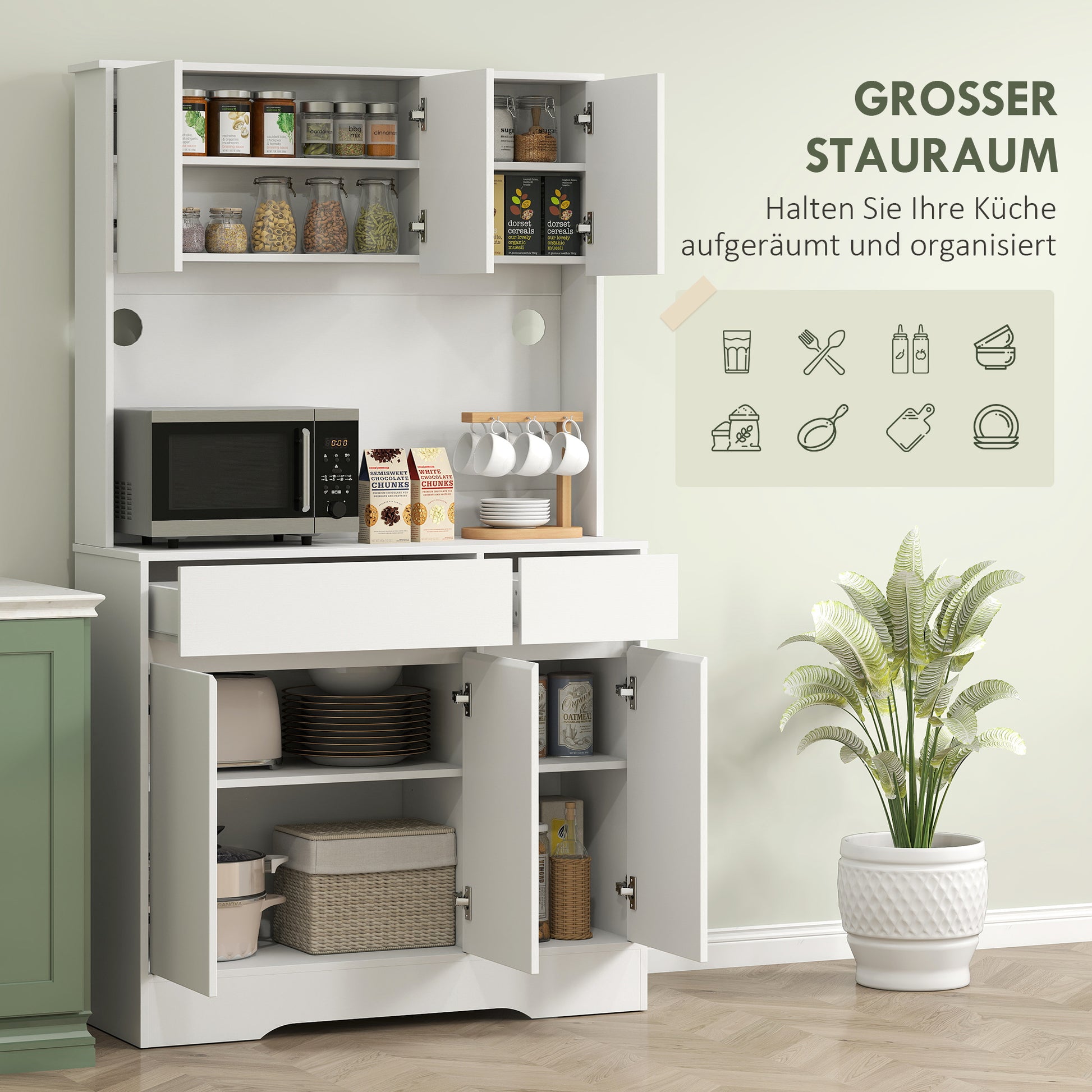 Kitchen Cabinet Buffet Cabinet with Worktop, 6 Doors, Tall Cabinet with Adjustable Shelves, Cable Holes, Microwave Cabinet Modern Pantry Cabinet, White, 100 x 38 x 180 cm