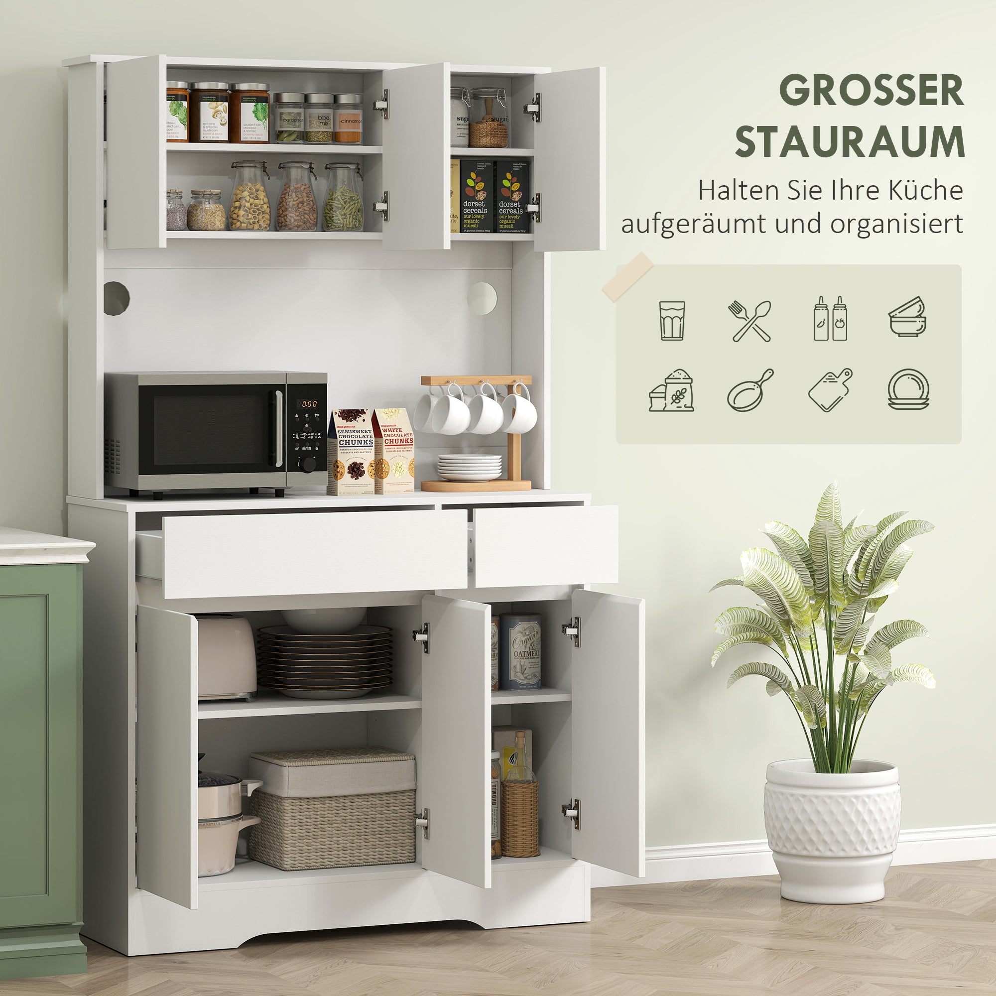 Kitchen Cabinet Buffet Cabinet with Worktop, 6 Doors, Tall Cabinet with Adjustable Shelves, Cable Holes, Microwave Cabinet Modern Pantry Cabinet, White, 100 x 38 x 180 cm
