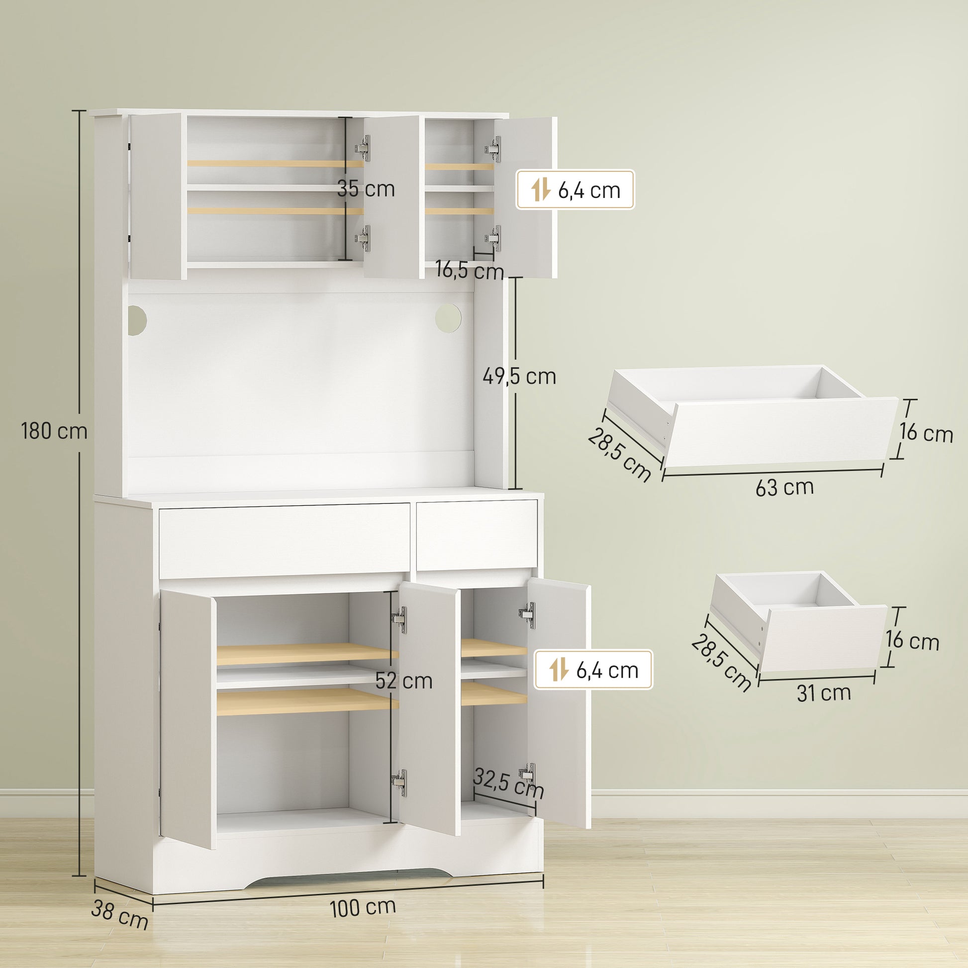 Kitchen Cabinet Buffet Cabinet with Worktop, 6 Doors, Tall Cabinet with Adjustable Shelves, Cable Holes, Microwave Cabinet Modern Pantry Cabinet, White, 100 x 38 x 180 cm
