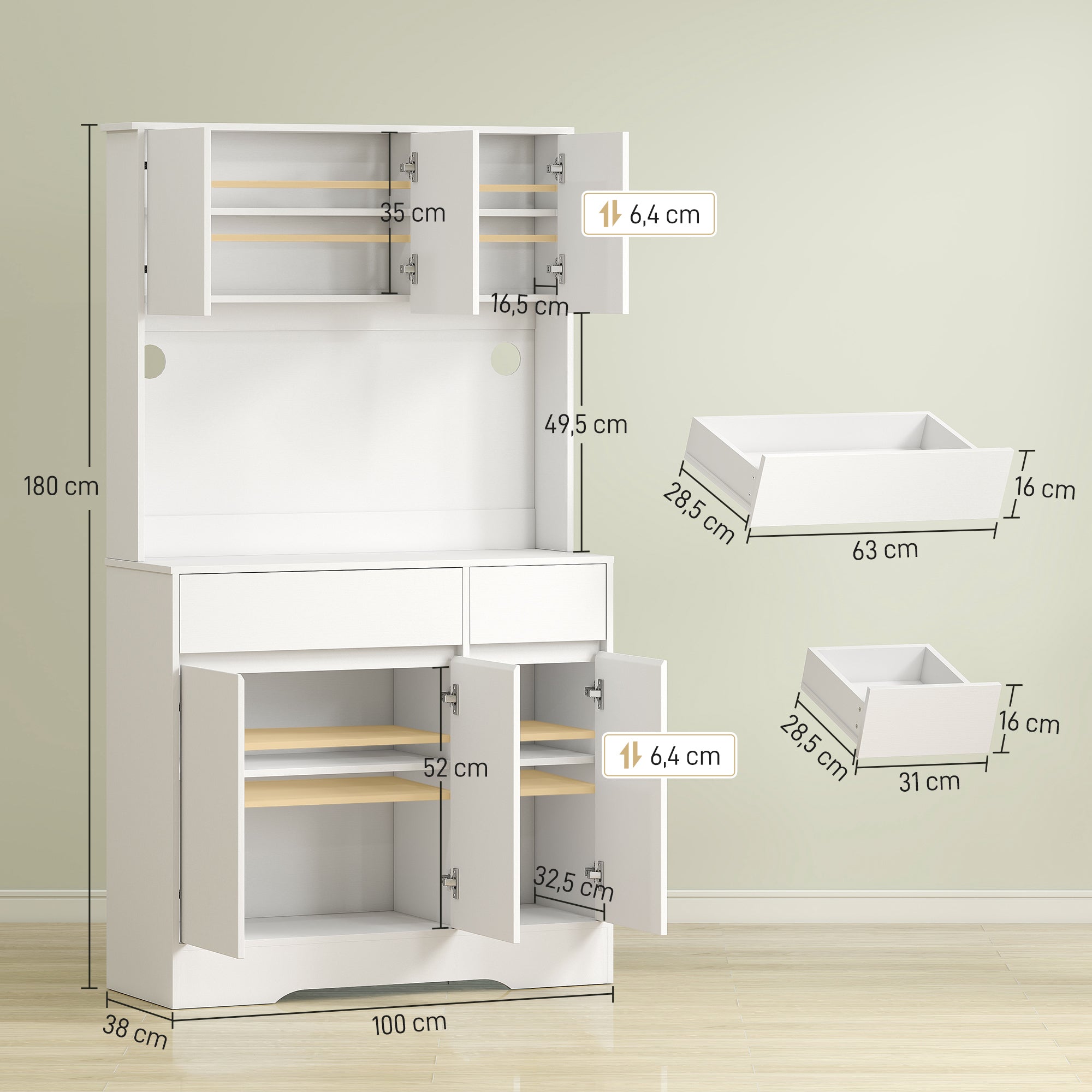Kitchen Cabinet Buffet Cabinet with Worktop, 6 Doors, Tall Cabinet with Adjustable Shelves, Cable Holes, Microwave Cabinet Modern Pantry Cabinet, White, 100 x 38 x 180 cm