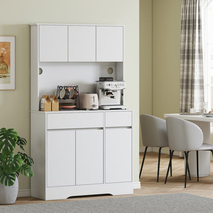 Kitchen Cabinet Buffet Cabinet with Worktop, 6 Doors, Tall Cabinet with Adjustable Shelves, Cable Holes, Microwave Cabinet Modern Pantry Cabinet, White, 100 x 38 x 180 cm
